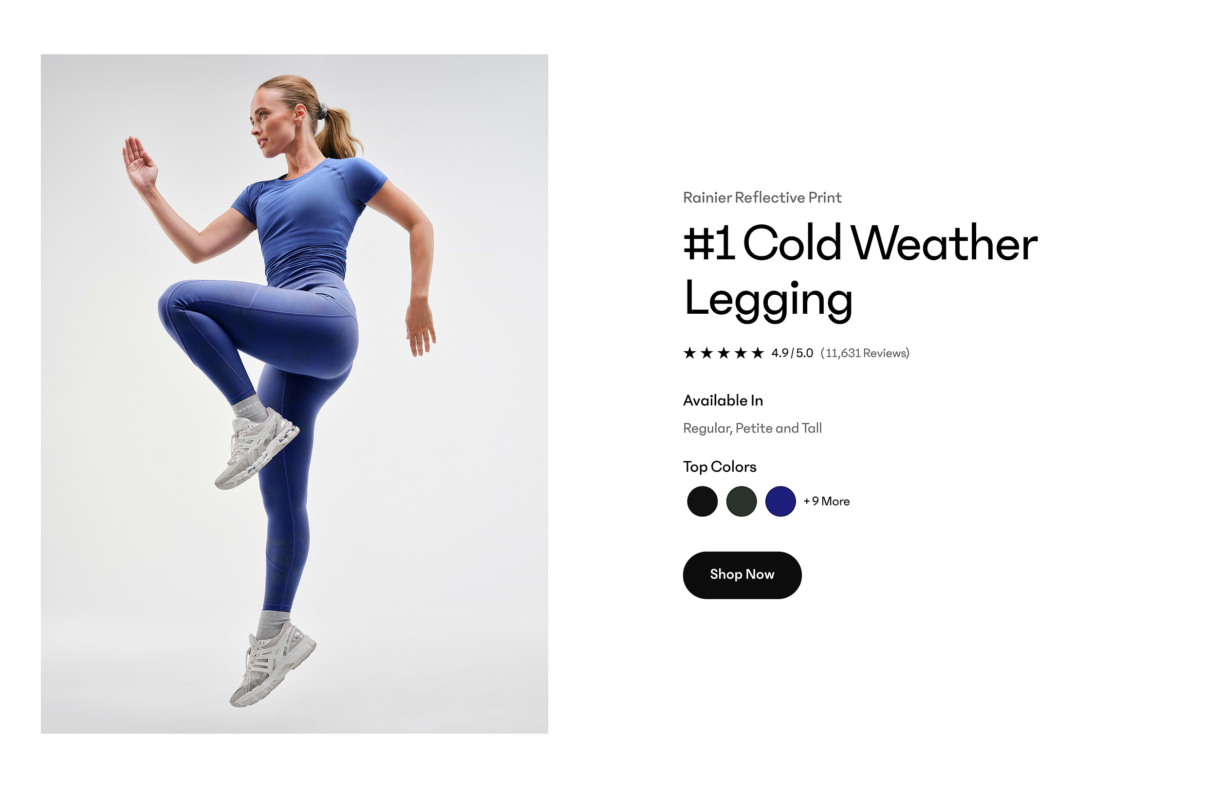 Model mid-jump wearing blue cold-weather leggings and white sneakers.