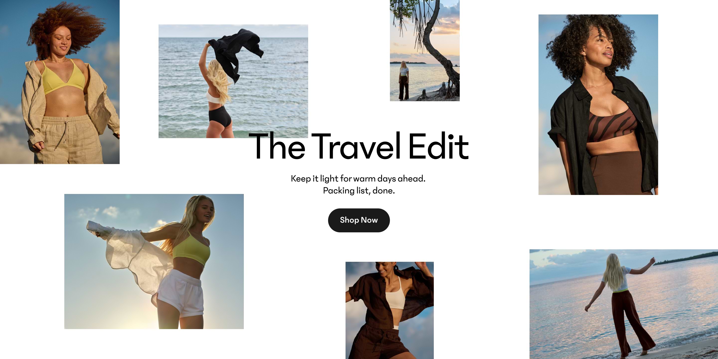 Beach-themed fashion collage advertising “The Travel Edit,” with models in swimwear and light layers by the sea and a Shop Now button.