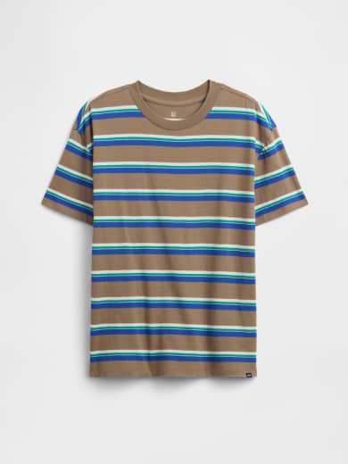 Brown short-sleeve crewneck T-shirt with horizontal blue, teal, and white stripes, laid flat on a white background.