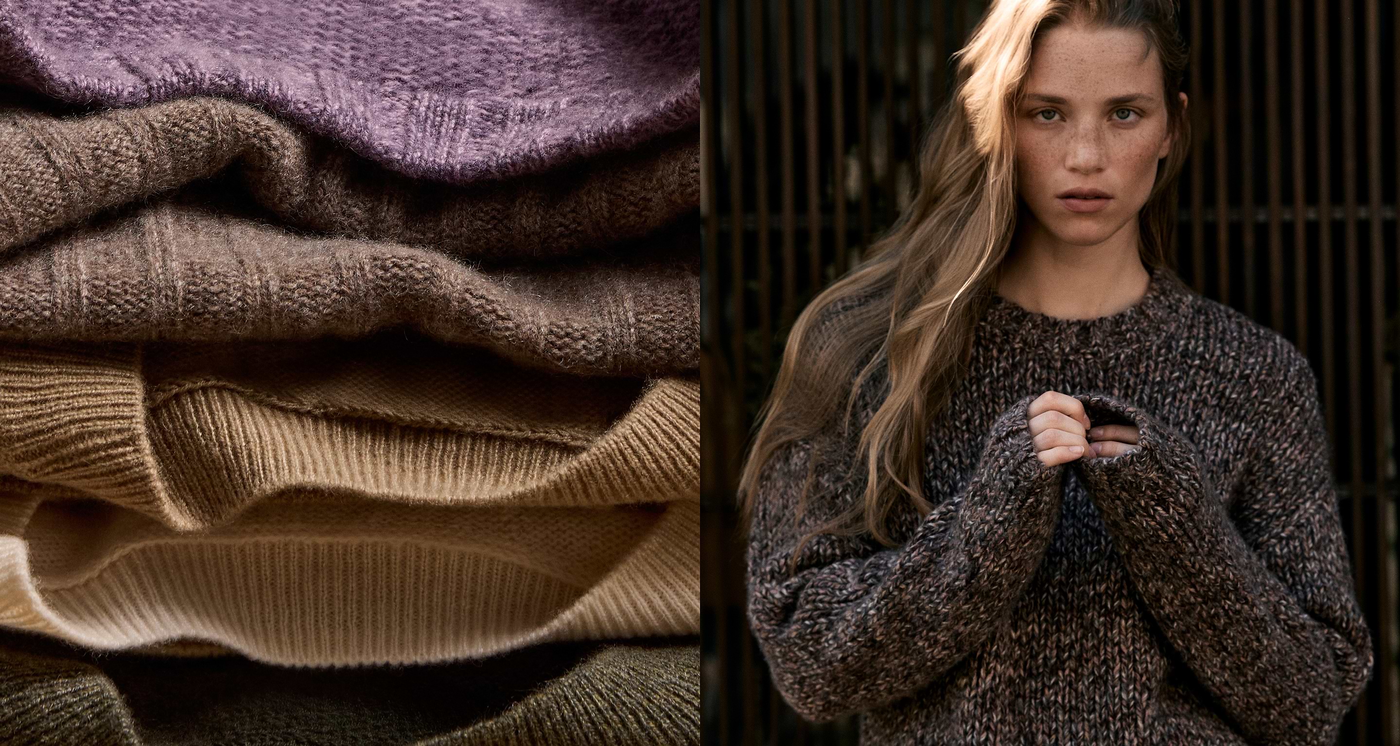 Split image: close-up of folded knit sweaters in beige, brown, and lavender; beside it, a person wearing a chunky marled brown sweater standing in front of dark vertical slats.