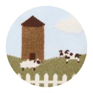 Image of a print swatch featuring a farm with a sheep and cow.
