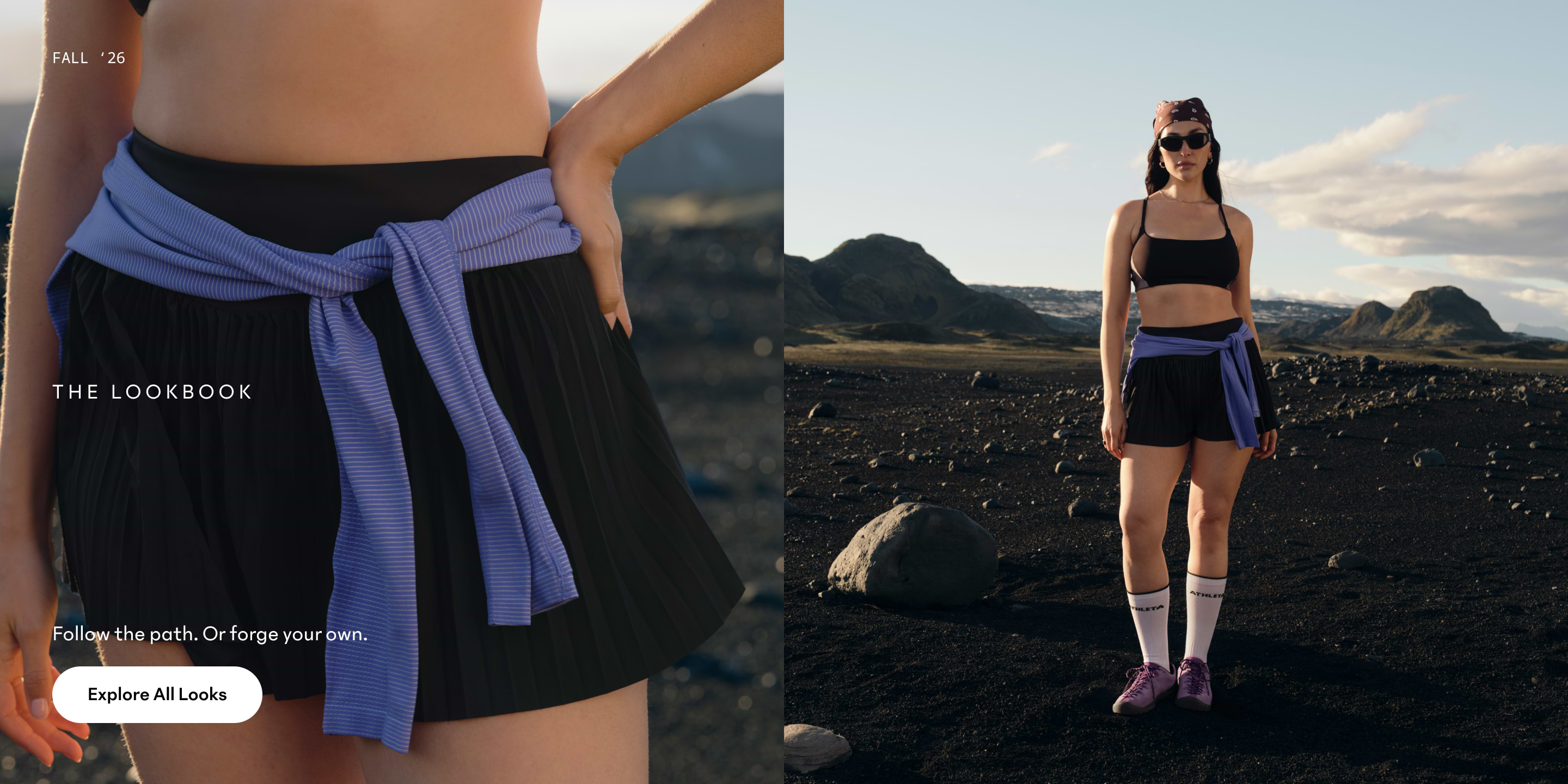 Split image: close-up of a lavender sweater tied around a black pleated skirt; on the right, the same woman in the same sporty outfit stands on a rocky plain with distant mountains.