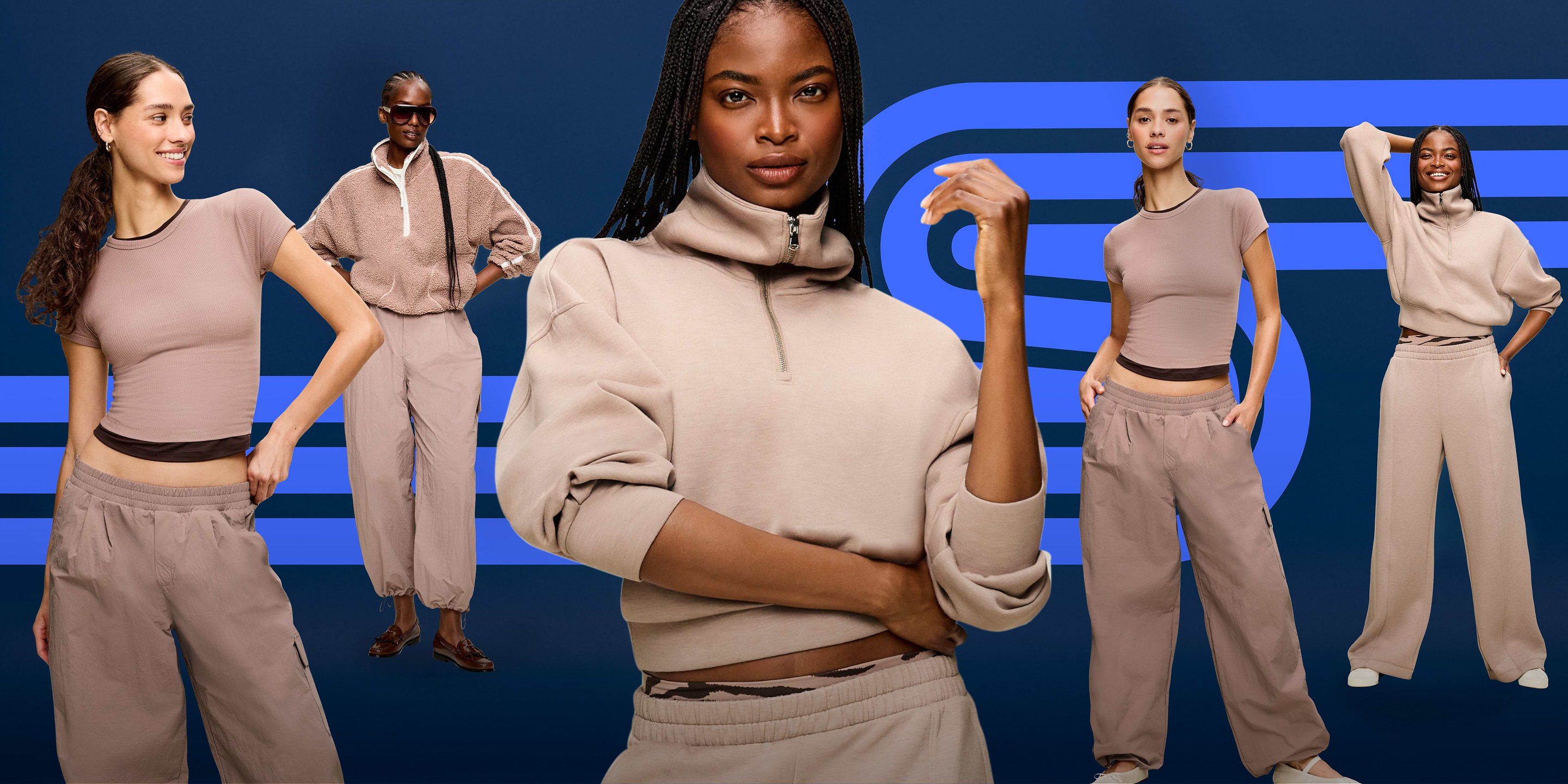 Five models in neutral beige athleisure—crop tops, quarter-zips, and joggers—posed on a dark blue background with blue stripes.