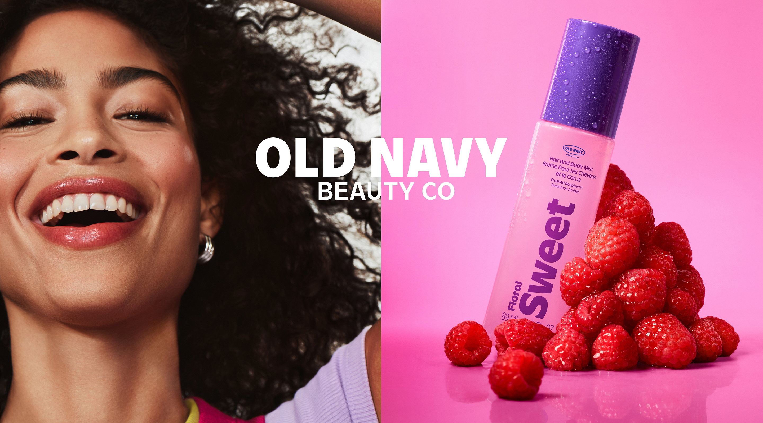Split image: close-up of a smiling person with curly hair; next to it, Old Navy Beauty Co “Floral Sweet” hair and body mist bottle with raspberries on a pink background.