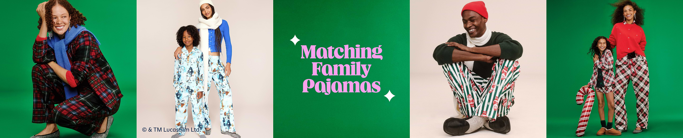 Banner showing adults and kids modeling coordinated holiday pajamas; center text reads “Matching Family Pajamas.”