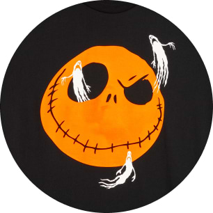 Orange Jack Skellington face with a stitched grin and three white ghosts on a black background.