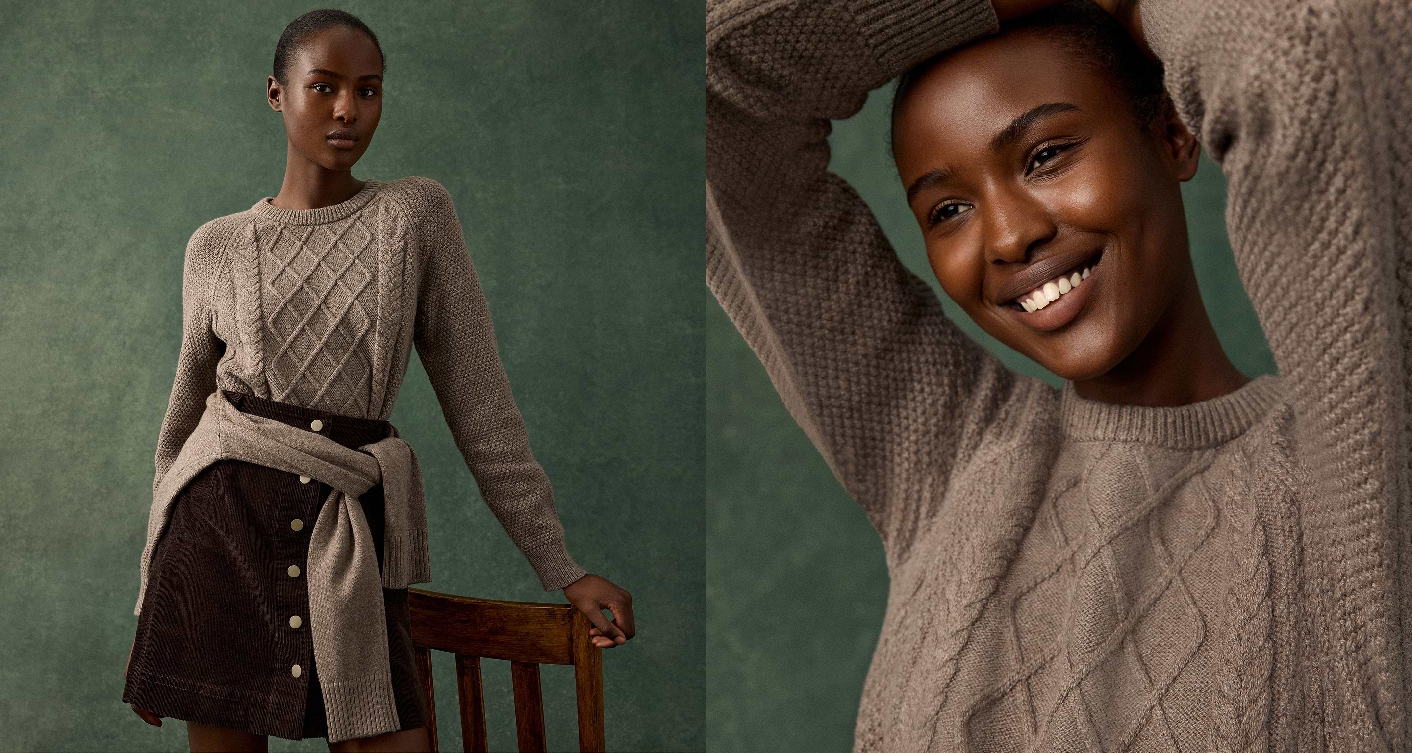 Person wearing a taupe cable‑knit sweater and dark button‑front skirt poses by a chair; second panel shows a smiling close‑up against a green backdrop.