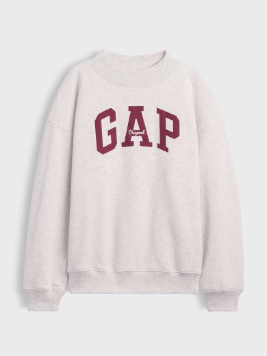 Light gray crewneck sweatshirt with maroon “GAP” logo on the chest.