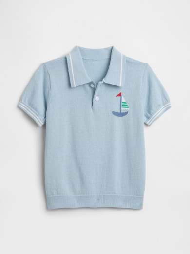 Light blue short-sleeve knit polo with white trim and small sailboat embroidery on chest.