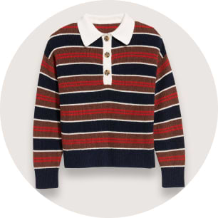 Long-sleeve knit sweater with navy, red, and white horizontal stripes, a white polo collar, and three-button placket.