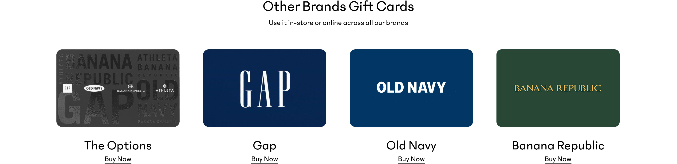 Other Brands Gift Cards: four options—The Options (multi‑brand), Gap, Old Navy, and Banana Republic.