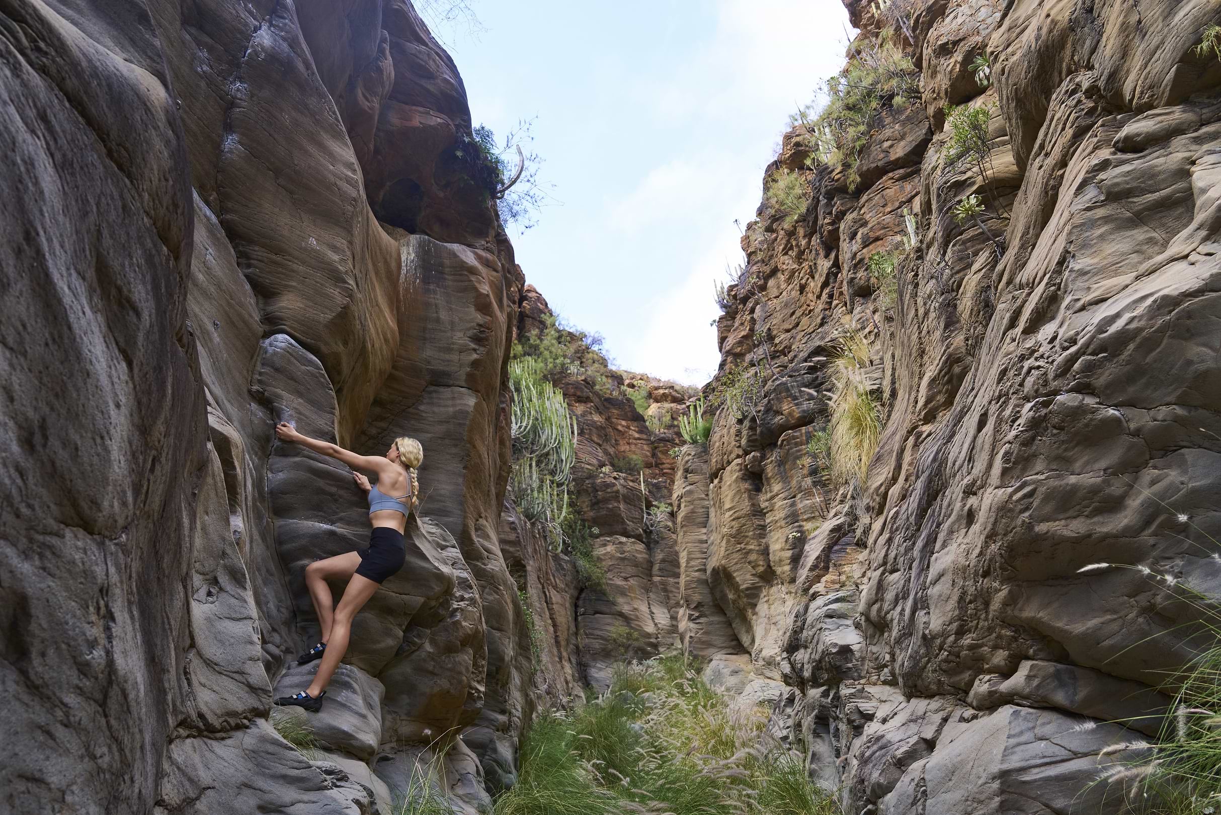Woman bouldering in a narrow, rocky canyon with vegetation