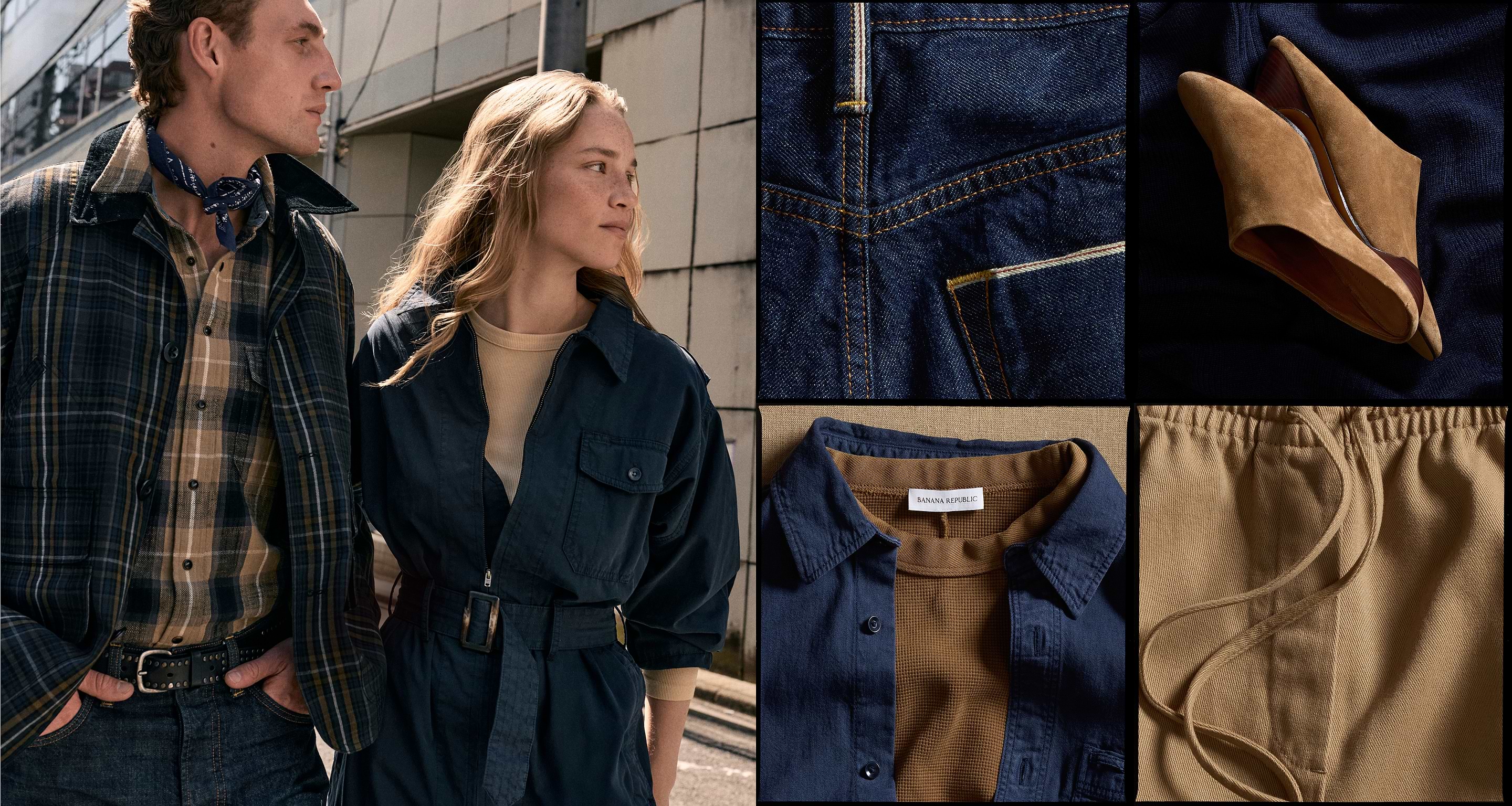 Collage of fall fashion: two people in plaid, denim, and a belted navy jacket walking outside; detail shots of jean stitching, tan suede heels, a navy shirt over a tan knit, and tan drawstring pants.