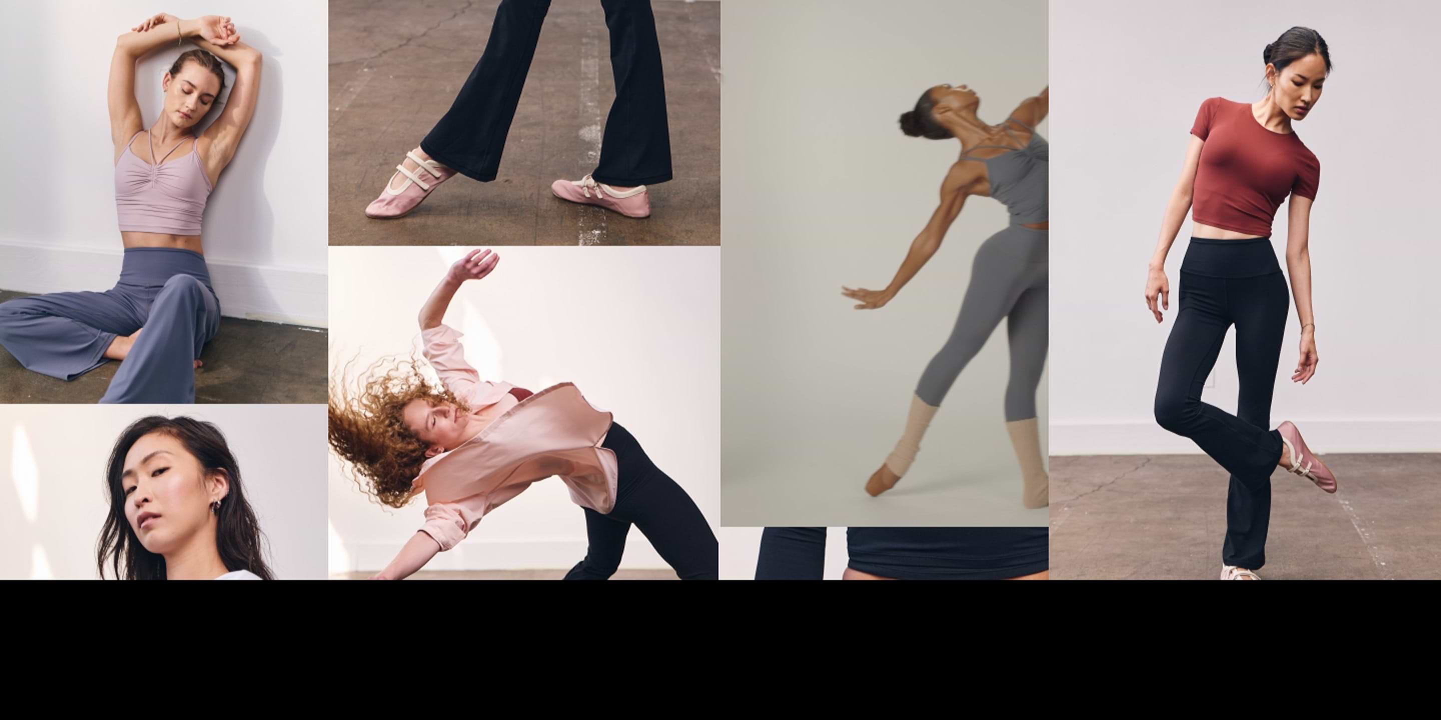 Collage of dancers in a studio wearing ballet-inspired activewear, performing graceful poses with close-ups of pink ballet shoes.