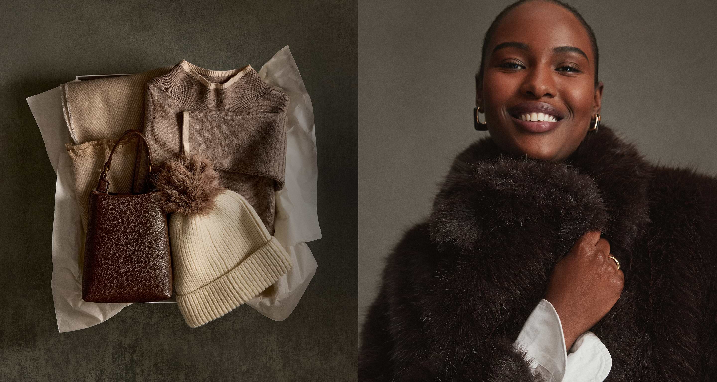 Split image: left shows neutral winter items—a sweater, scarf, small brown handbag, and cream beanie with pom‑pom; right, a smiling person in a dark furry coat.