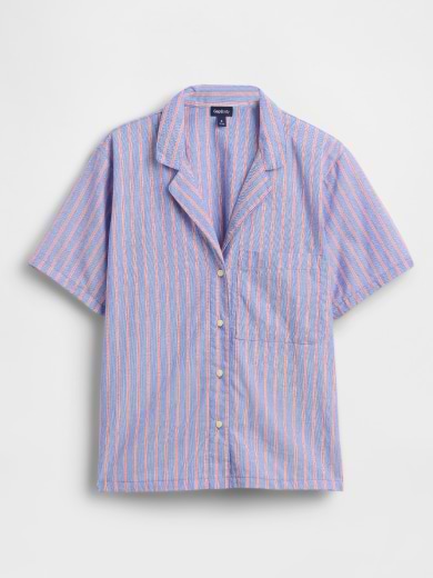 Short-sleeve blue camp-collar shirt with orange vertical stripes and a left chest pocket.