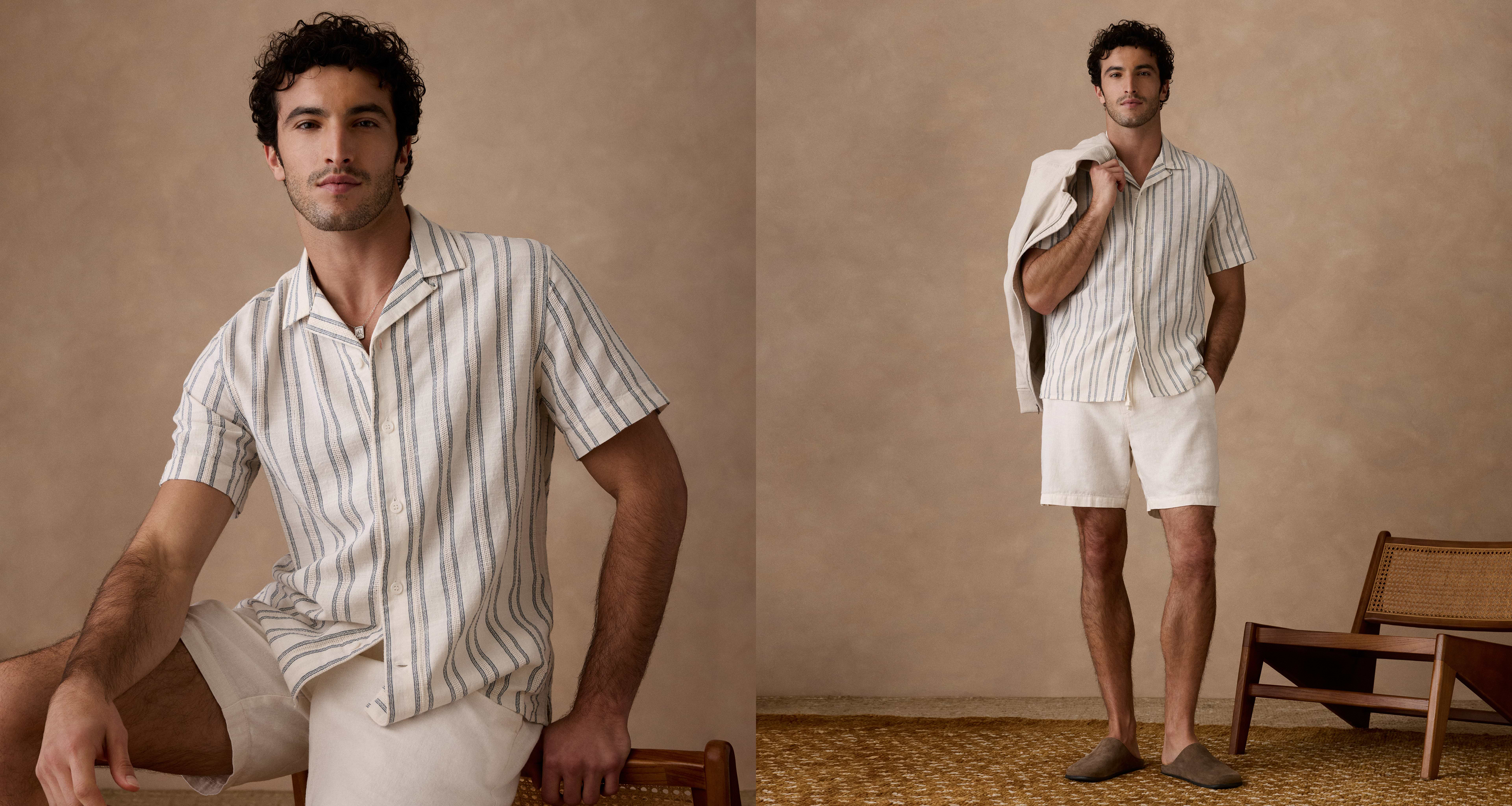 Man in stripe shirt and white shorts.