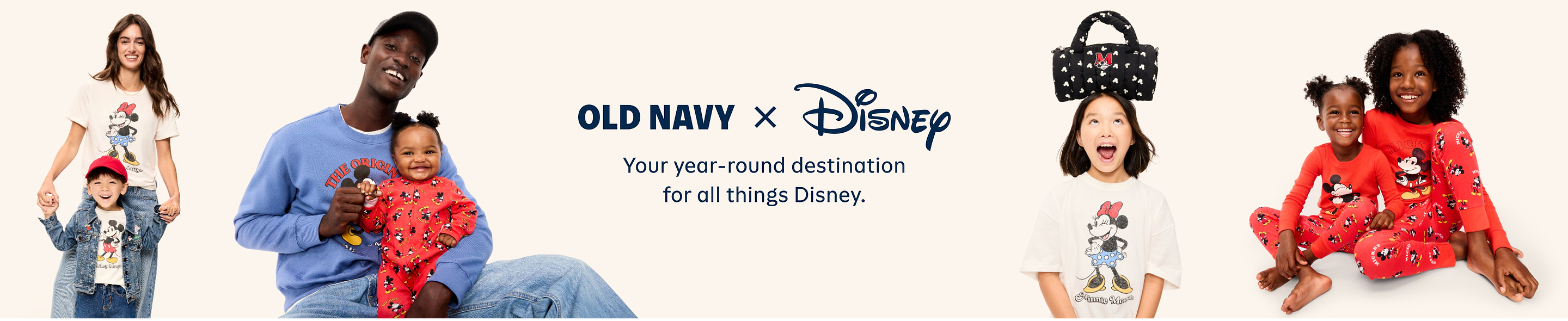 Old Navy x Disney banner showing adults and kids in Mickey/Minnie print clothing (tees and red pajamas); center text: “Your year‑round destination for all things Disney.”