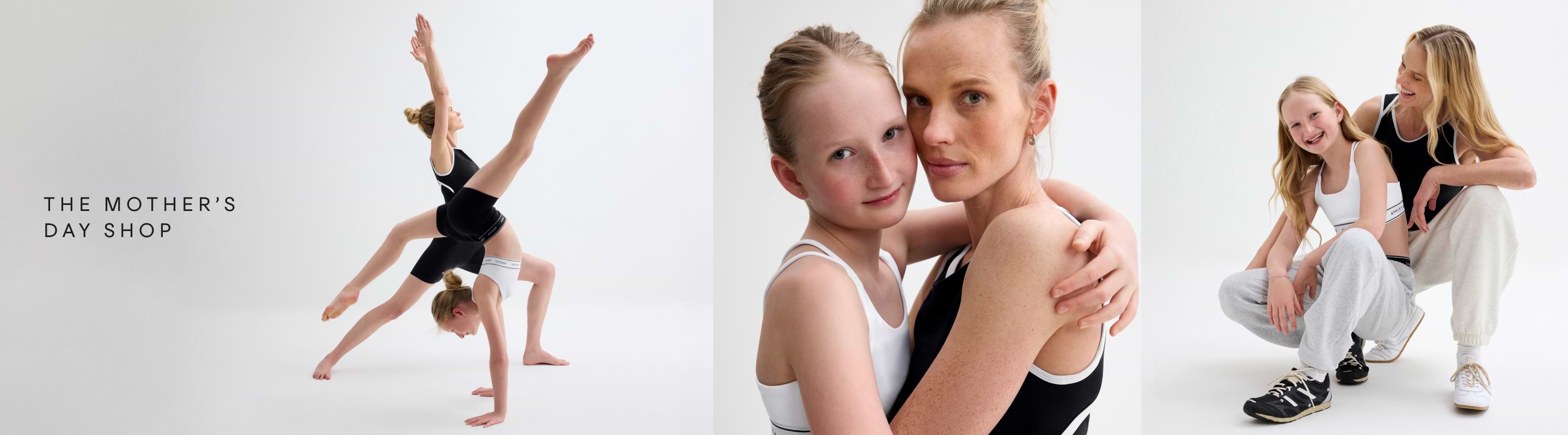 Triptych of studio photos: a mom and daughter in black-and-white activewear do handstands, hug, and crouch; left panel text reads “The Mother’s Day Shop.”