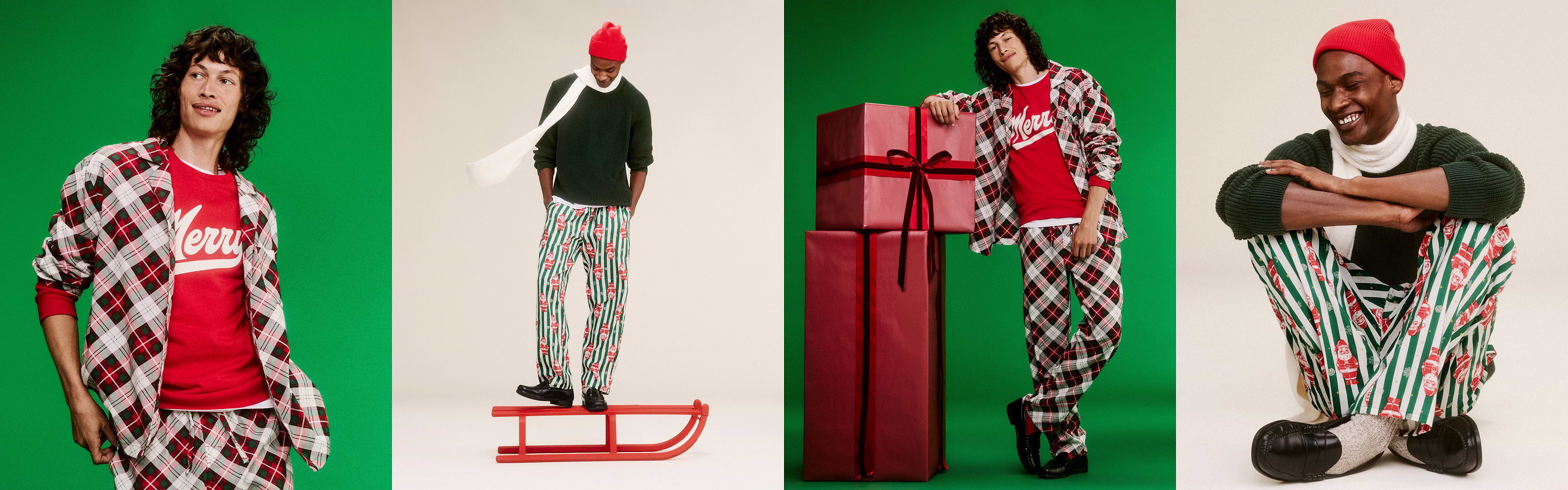Festive holiday sleepwear: models in red “Merry” tee with plaid pajamas and striped Santa-print pants, posing with a red sled and stacked gift boxes.