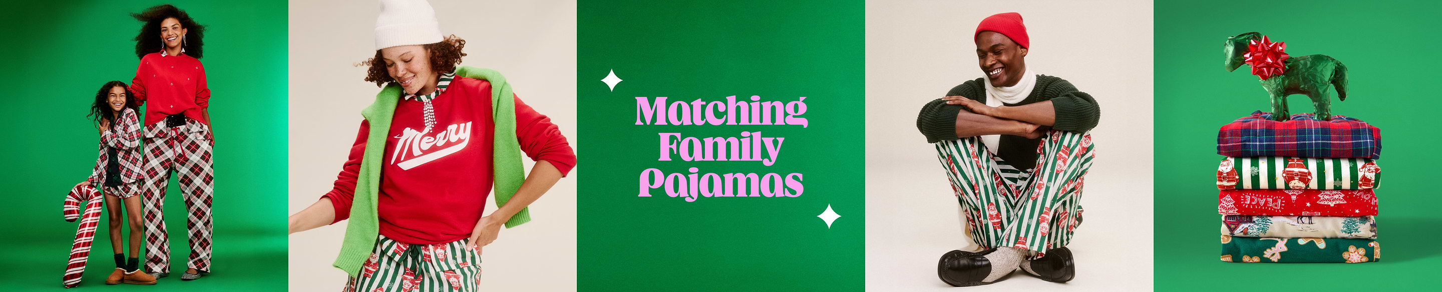 Collage of people in matching holiday pajamas; center text says “Matching Jingle Jammies”; a stack of folded festive PJs topped with a bow.