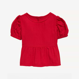 Red peplum top with short puff sleeves.