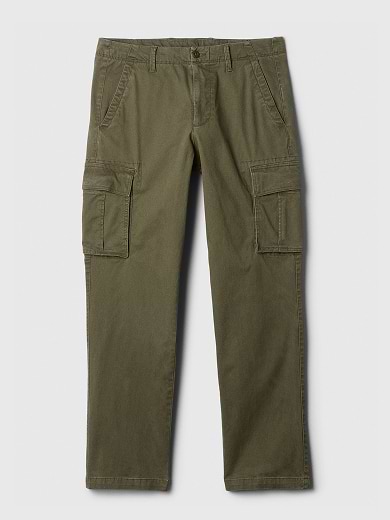 Olive green straight‑leg cargo pants with side flap pockets and belt loops.