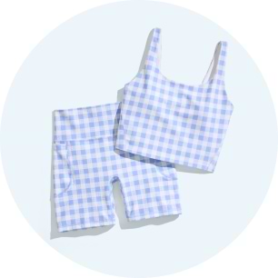 Image of an Old Navy  light blue gingham sports bra and matching bike shorts set.