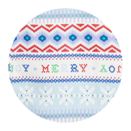 Circular holiday knit pattern in blue, red, and green with zigzags and snowflakes; center band reads “MERRY” flanked by “JOY.”
