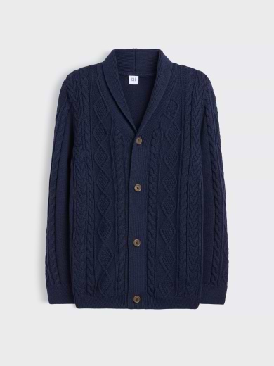 Navy cable-knit cardigan with shawl collar and button front.
