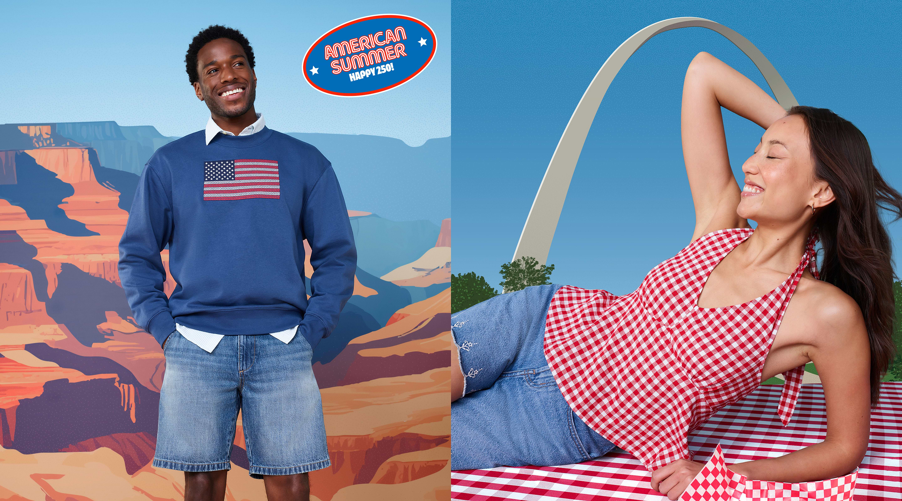 A male and female  model wearing a blue sweater with an American flag.