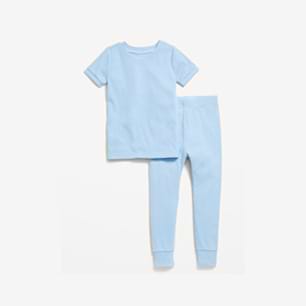 Light blue two-piece pajama set with a short-sleeve top and matching cuffed pants.