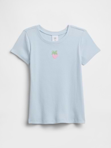 Light blue ribbed short-sleeve T-shirt with a small pink strawberry graphic on the chest.