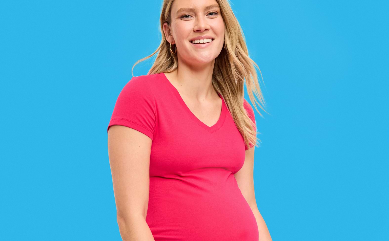 Image of a pregnant model wearing an Old Navy red t-shirt.