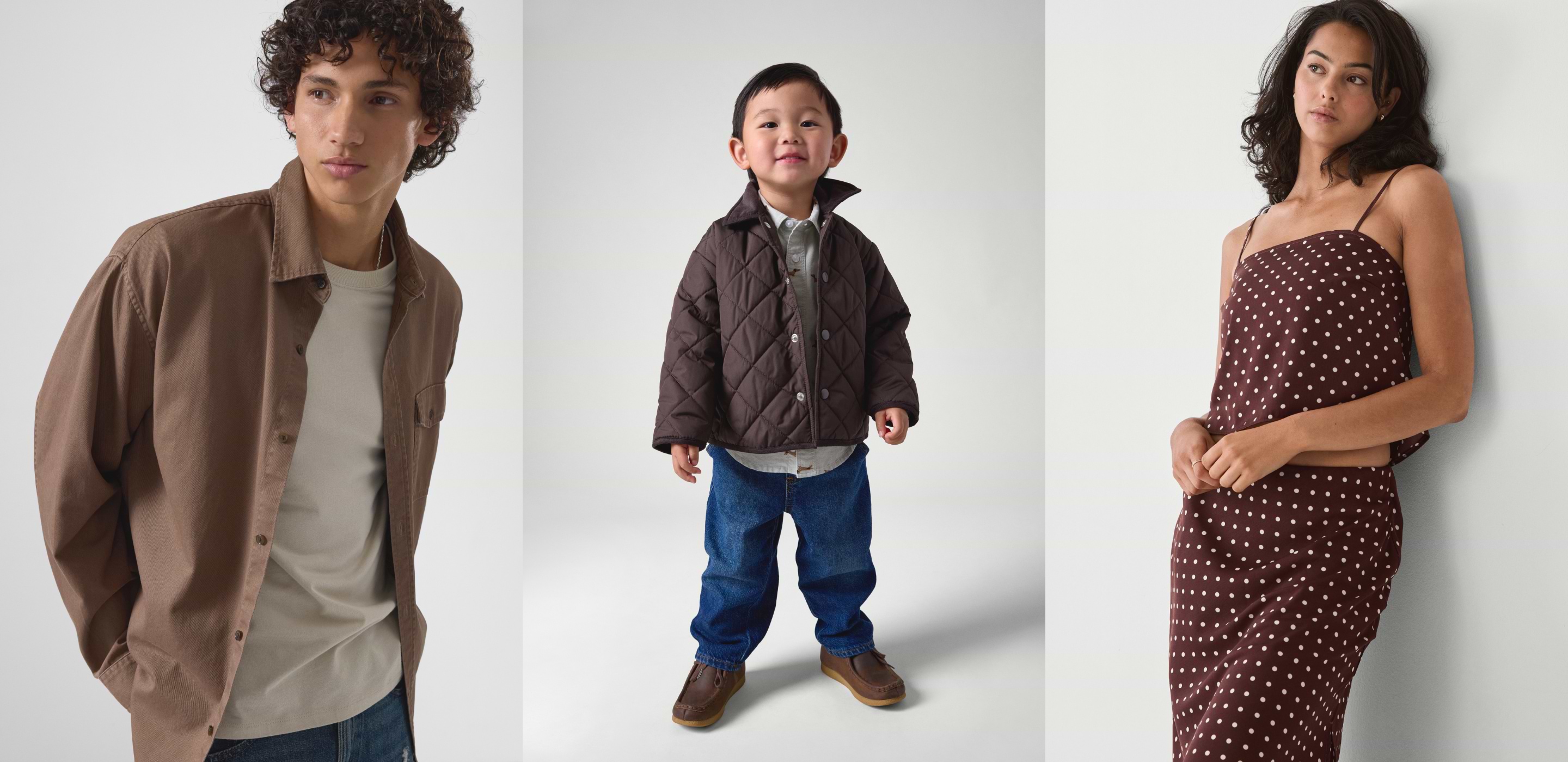 Three models in brown-toned outfits: left wears a brown overshirt and tee, center child in a quilted brown jacket and jeans, right in a brown polka-dot slip dress.