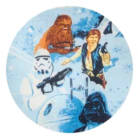 Blue circular Star Wars illustration featuring Chewbacca, Han Solo, a stormtrooper, Darth Vader, the Death Star, and a TIE fighter.