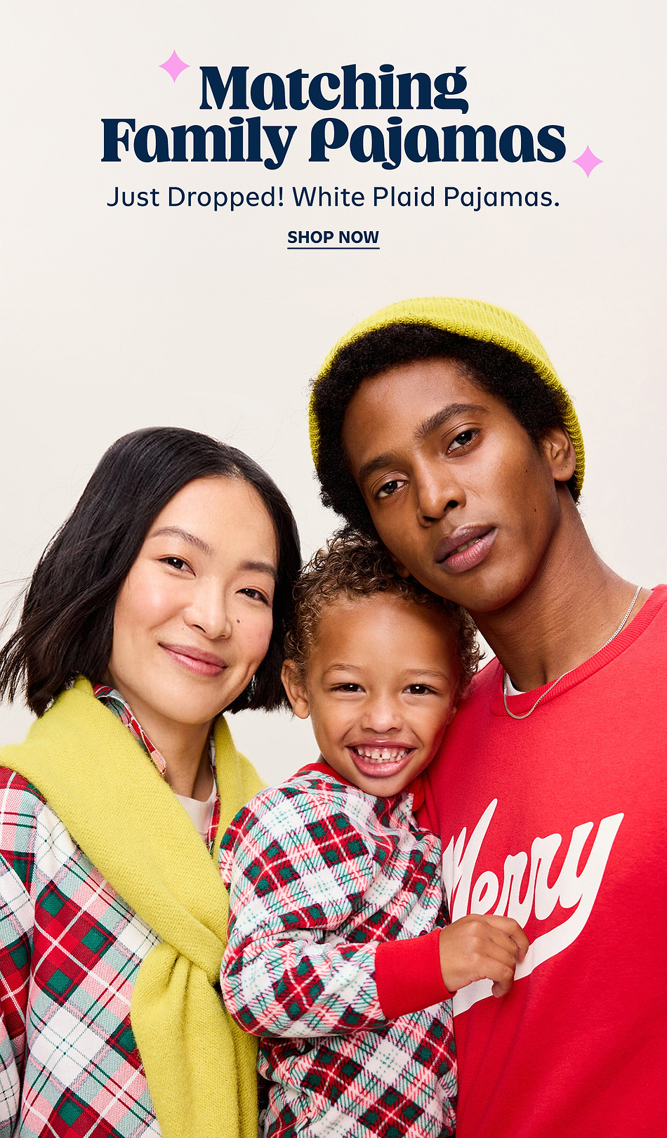 Ad showing three people in matching red-and-green white plaid pajamas, with text: “Matching Family Pajamas — Just Dropped! White Plaid Pajamas. Shop Now.”