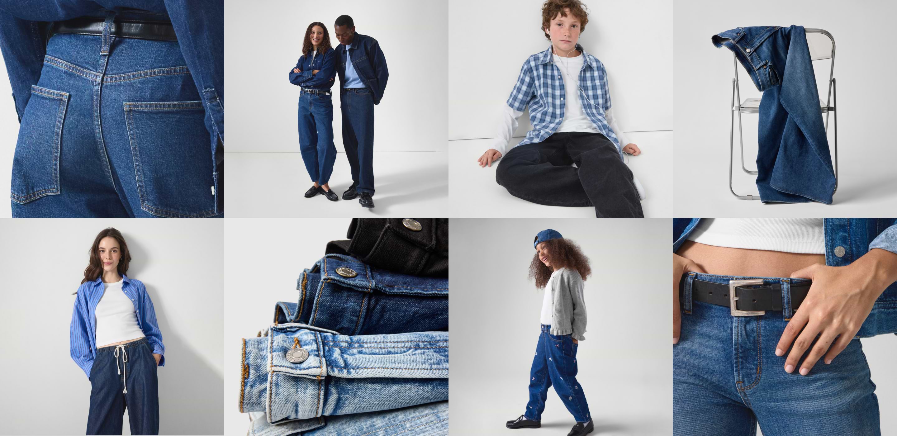 Collage of denim fashion: models in jeans and jackets, close-ups of belts and pockets, stacked jeans, and a pair draped over a chair.