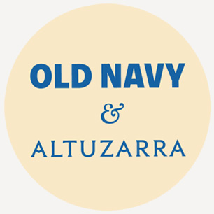 Circular logo reading “OLD NAVY & ALTUZARRA” in blue on a cream background.