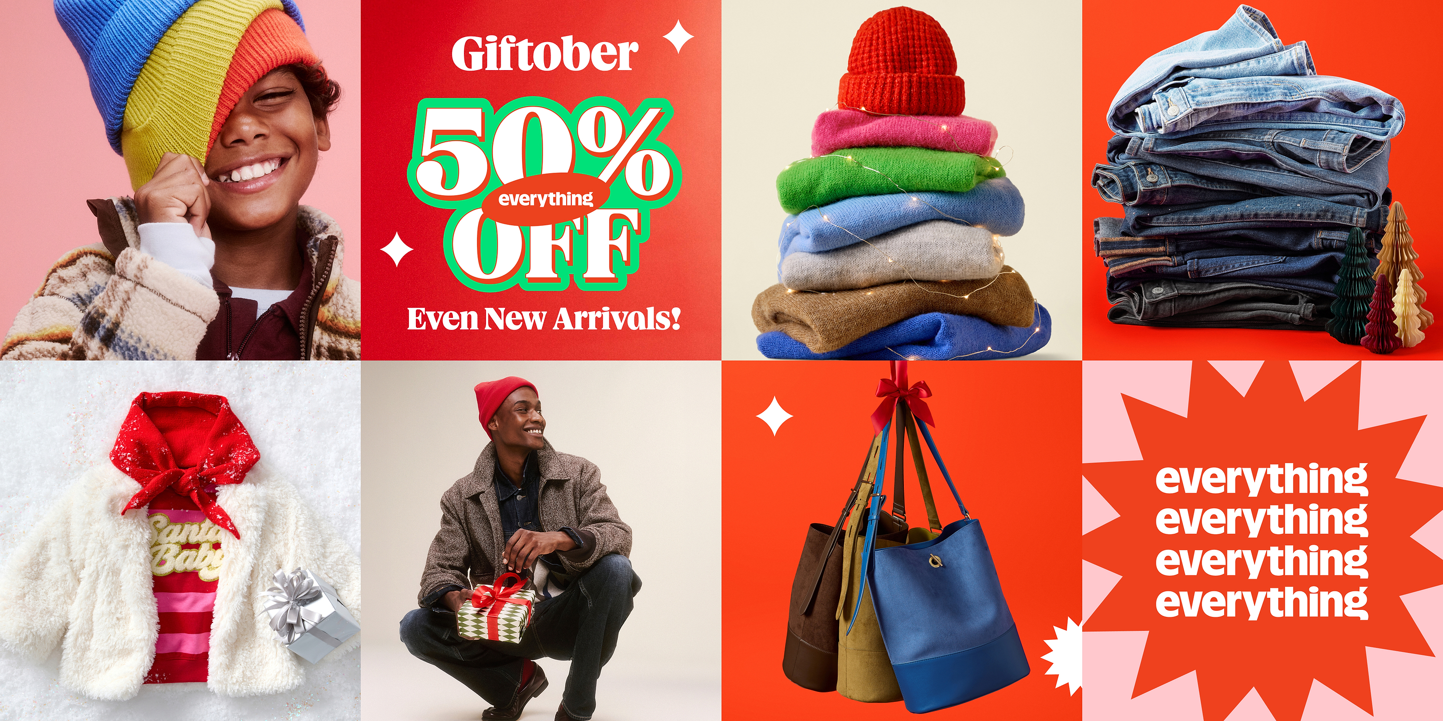 Holiday sale collage: smiling child in a beanie, “Giftober 50% OFF everything” text, stacks of sweaters and jeans, baby outfit, man with gifts, and tote bags.