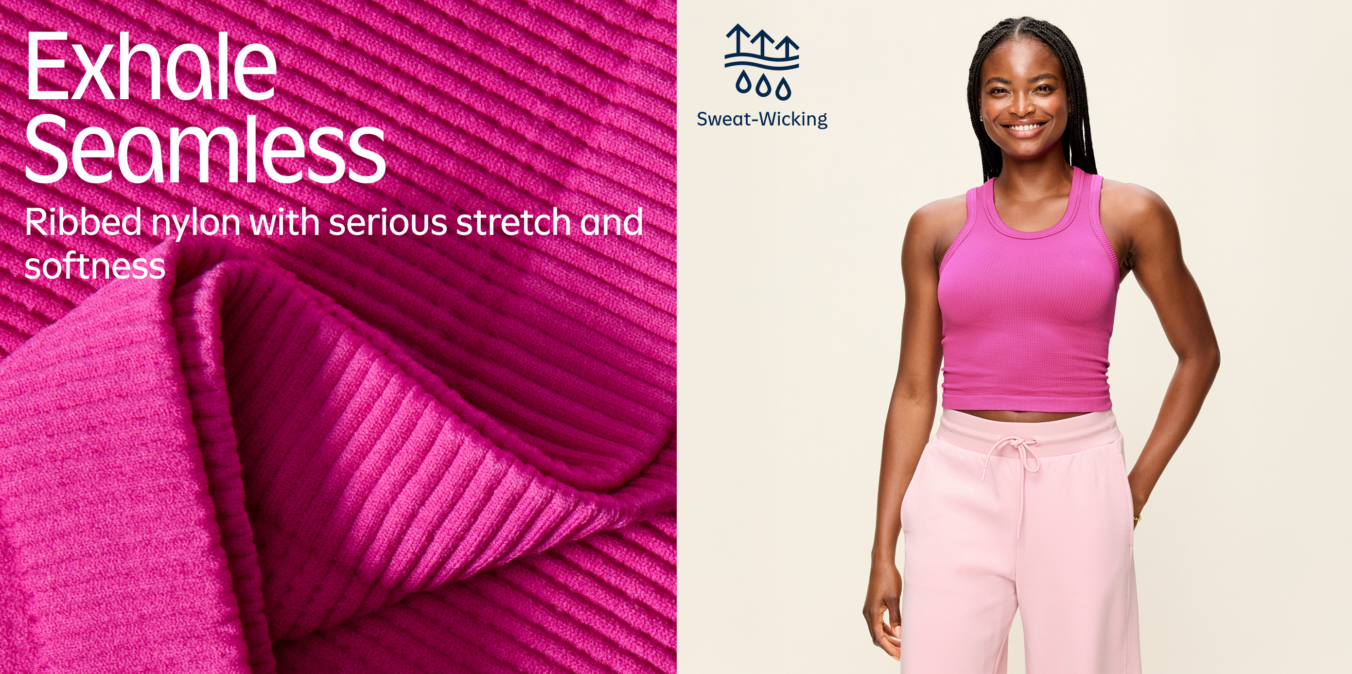 Close-up of hot-pink ribbed fabric with the text “Exhale Seamless—Ribbed nylon with serious stretch and softness” and a sweat‑wicking icon; beside it, a smiling person wears a bright pink ribbed crop tank and light pink joggers.