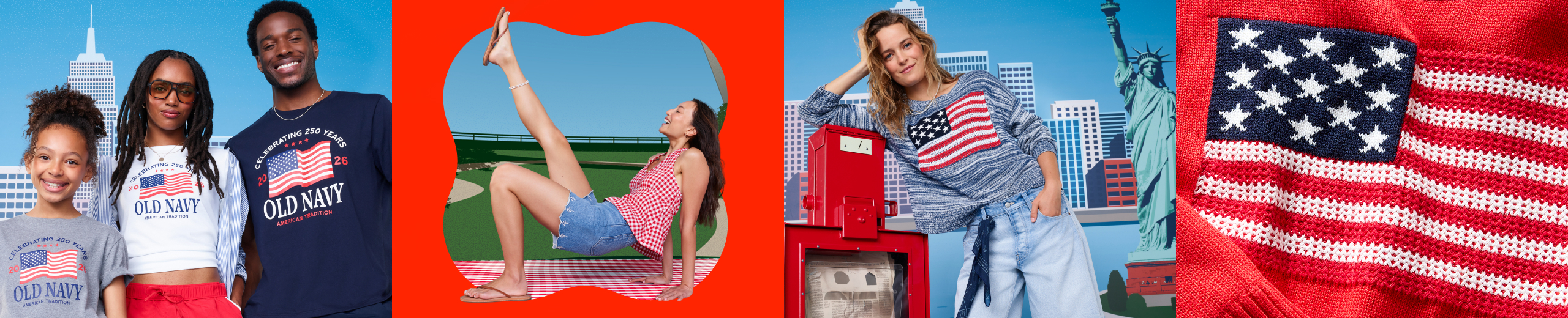 Image of Old Navy Fourth of July collection featuring a family in patriotic graphic tees, woman in red gingham top and denim shorts, and woman in American flag sweater against NYC skyline backdrop.