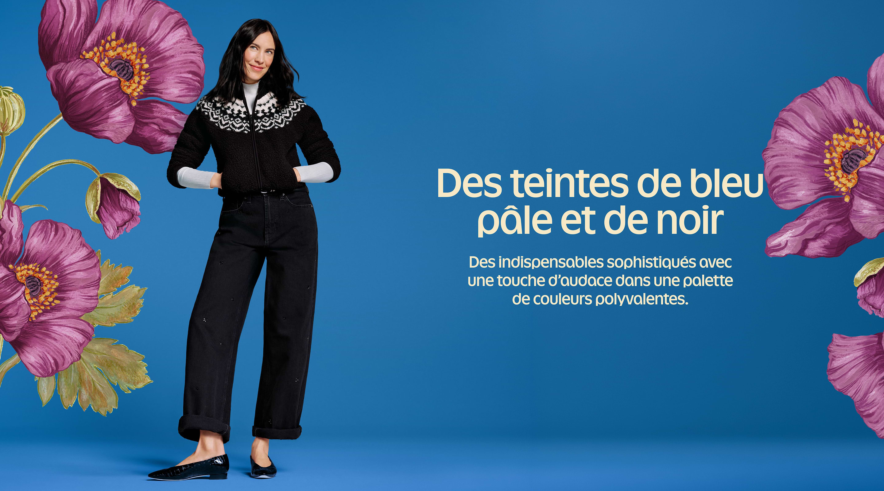 Des teintes de bleu pâle et de noir.