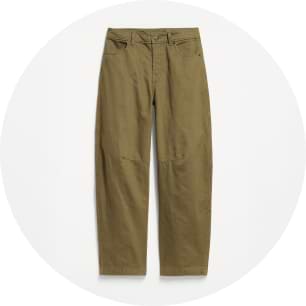 Olive green workwear-style pants with straight legs and knee seams, displayed on a white background.