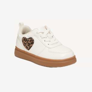 White sneaker with a tan gum sole and a leopard-print heart patch on the side.