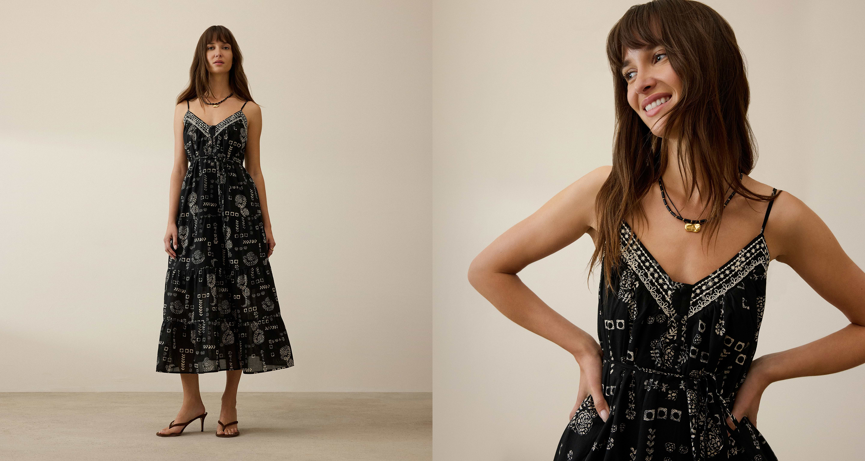 Person wearing a black spaghetti-strap midi dress with white bandana-style print and a V-neck, standing against a plain beige background; close-up of the bodice on the right.