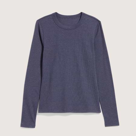 Heathered navy long-sleeve crewneck tee laid flat.