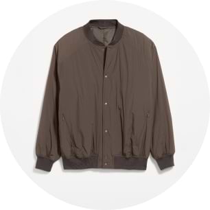 Blouson aviateur brun avec fermeture à boutons-pression, col, poignets et ourlet côtelés.