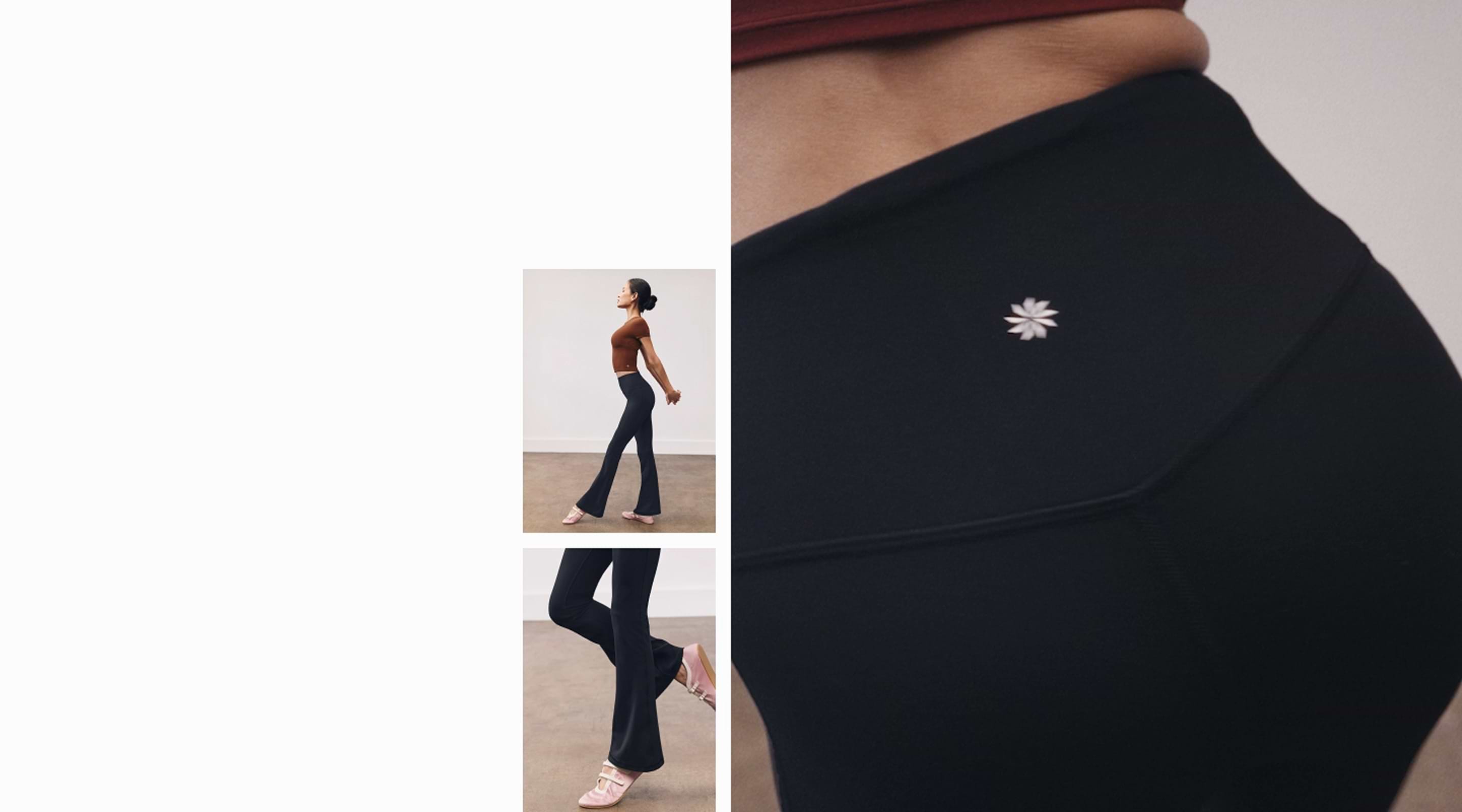 Collage of dancers in a studio wearing ballet-inspired activewear, performing graceful poses with close-ups of pink ballet shoes.