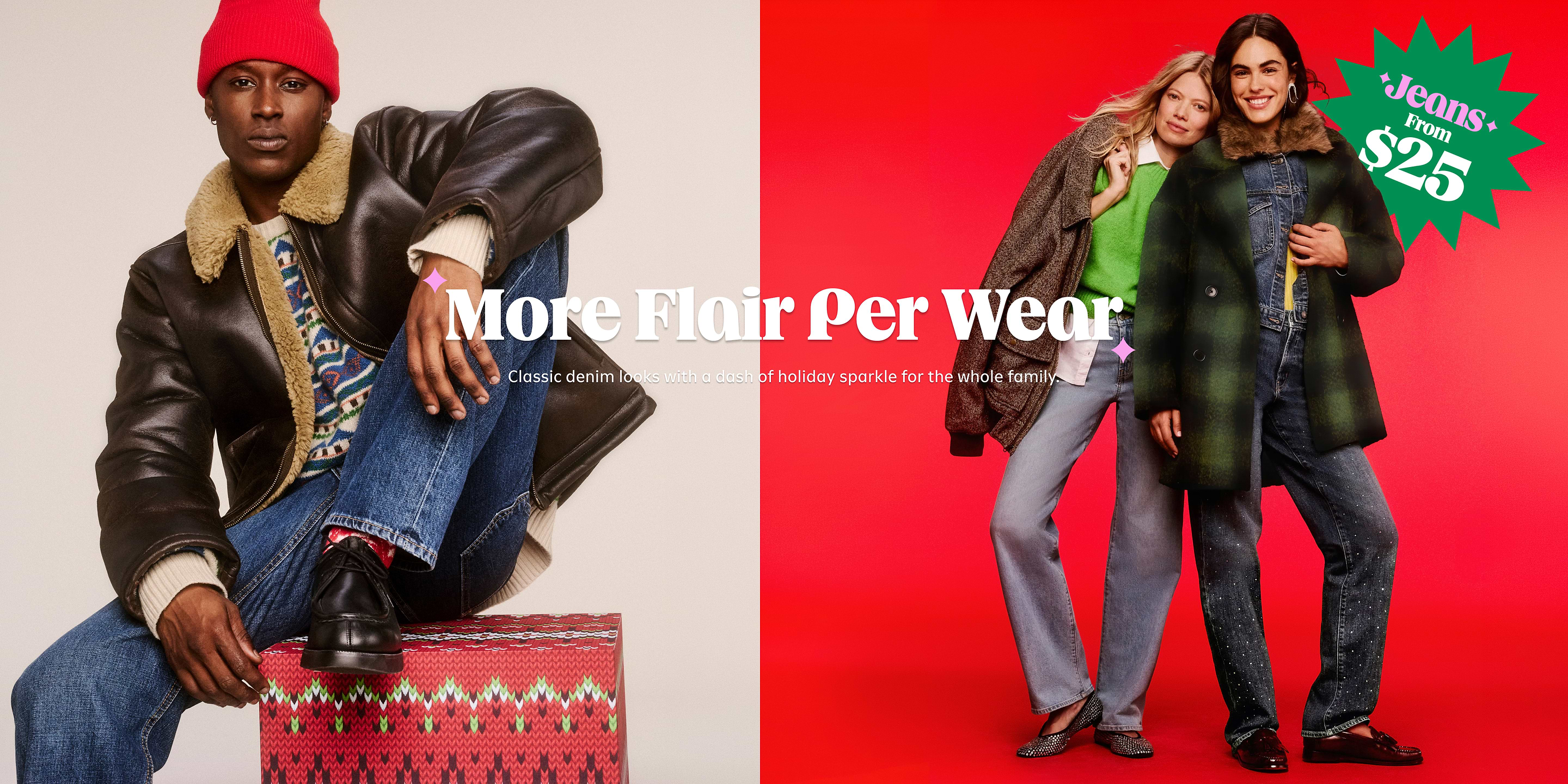 Three models in winter layers and jeans; left model sits in a shearling leather jacket and red beanie, right two stand on a red backdrop in coats and denim. Overlaid text: “More Flair Per Wear” and “Jeans from $25.”